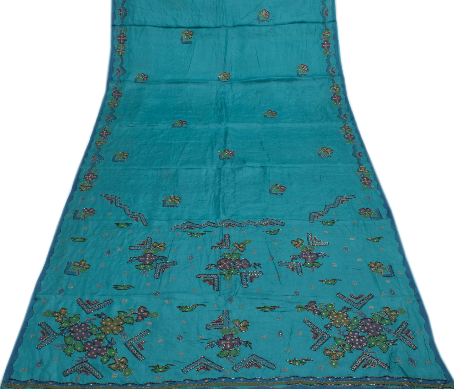 Sushila Vintage Blue Saree 100% Pure Silk Printed & Embroidered Sari Fabric