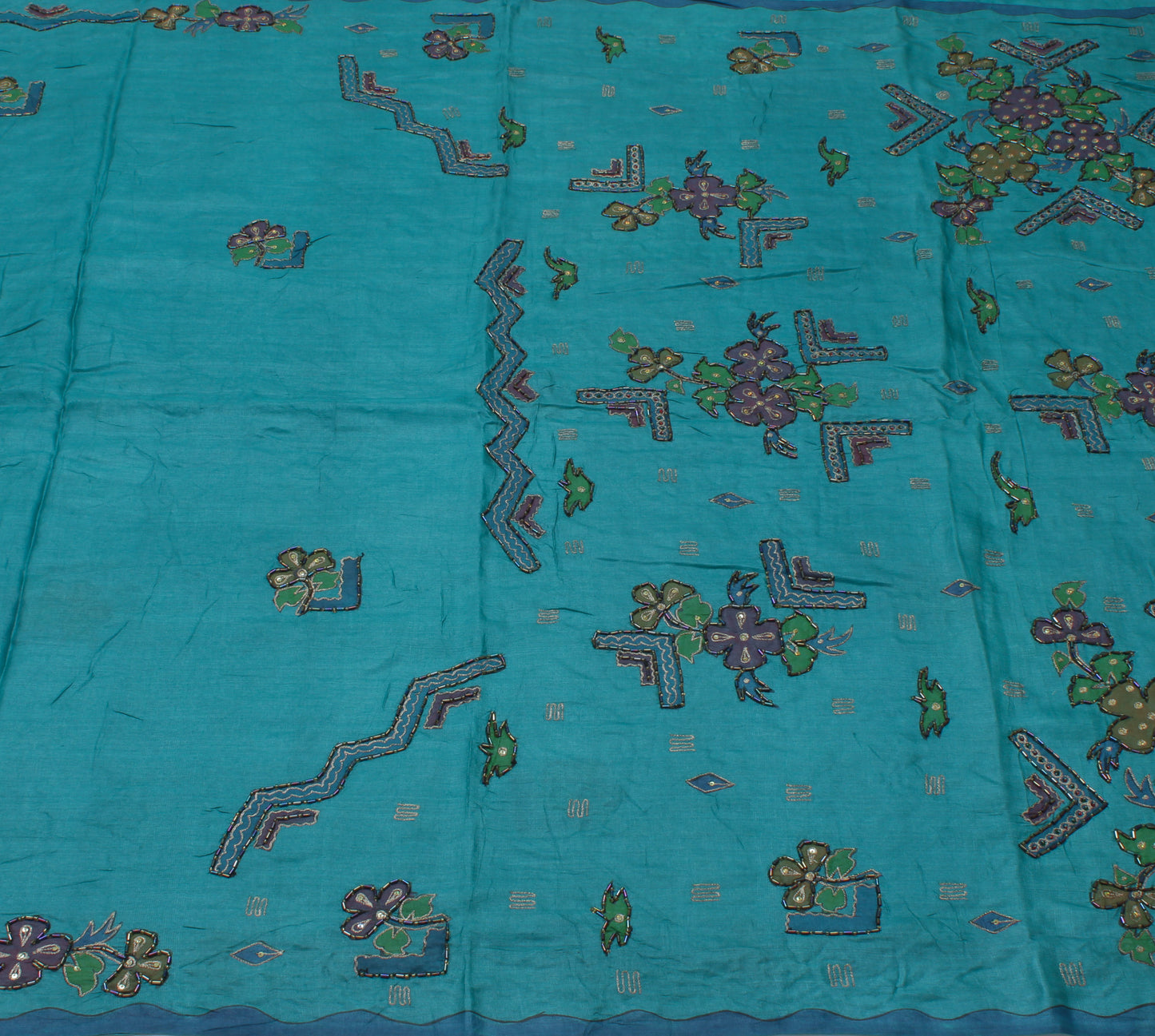 Sushila Vintage Blue Saree 100% Pure Silk Printed & Embroidered Sari Fabric