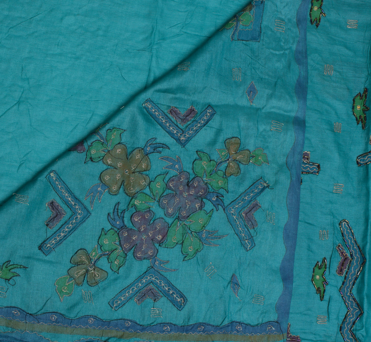 Sushila Vintage Blue Saree 100% Pure Silk Printed & Embroidered Sari Fabric