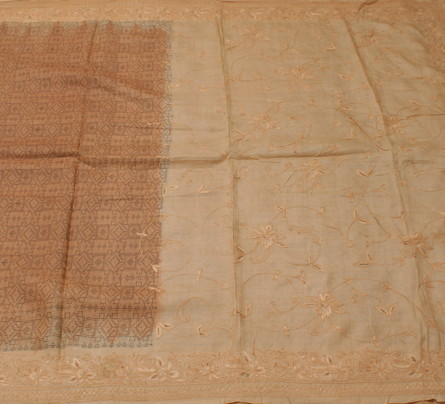 Sushila Vintage Brown Indian Sari Pure Silk Embroidered & Printed Sari Fabric