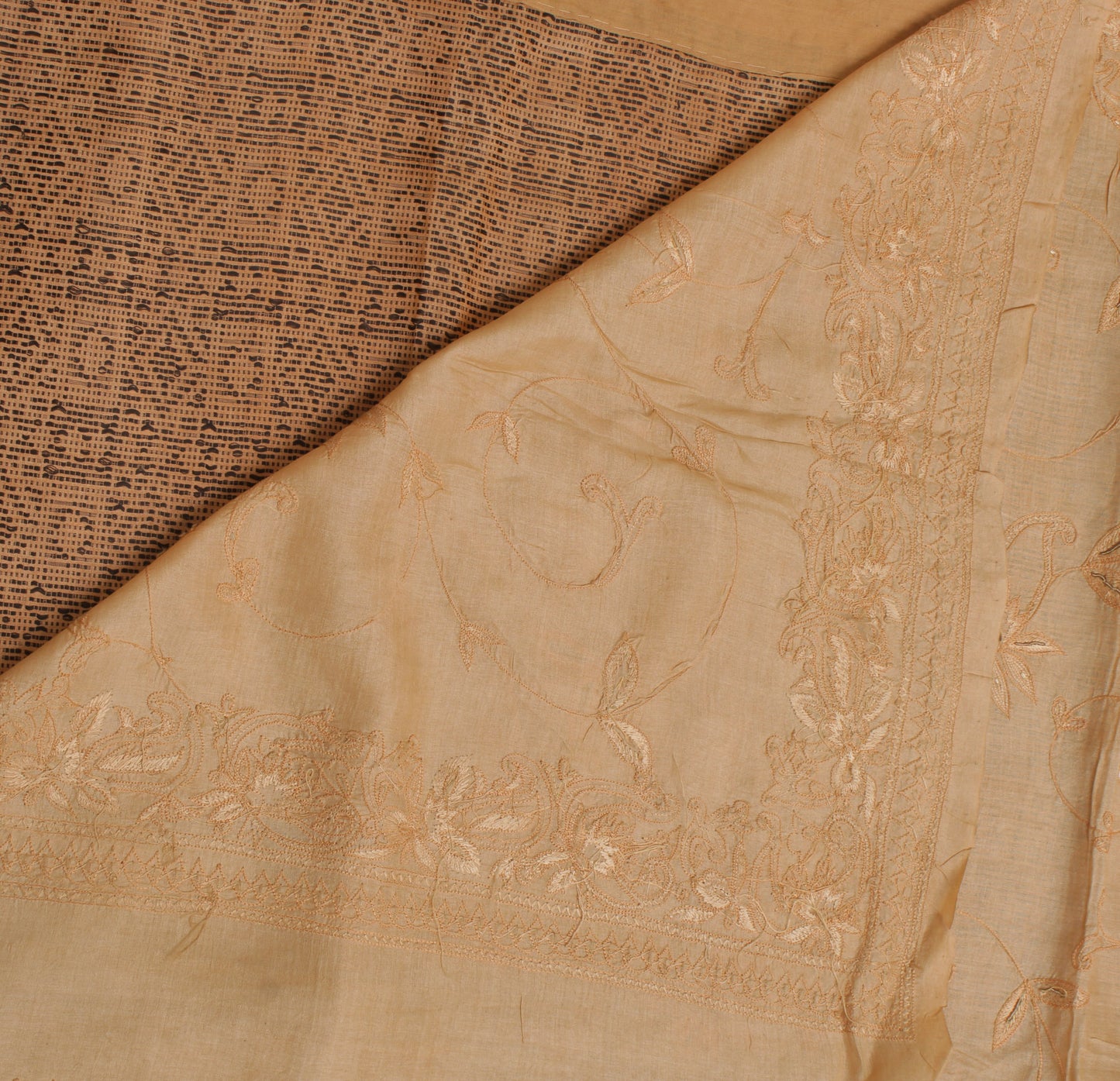 Sushila Vintage Brown Indian Sari Pure Silk Embroidered & Printed Sari Fabric