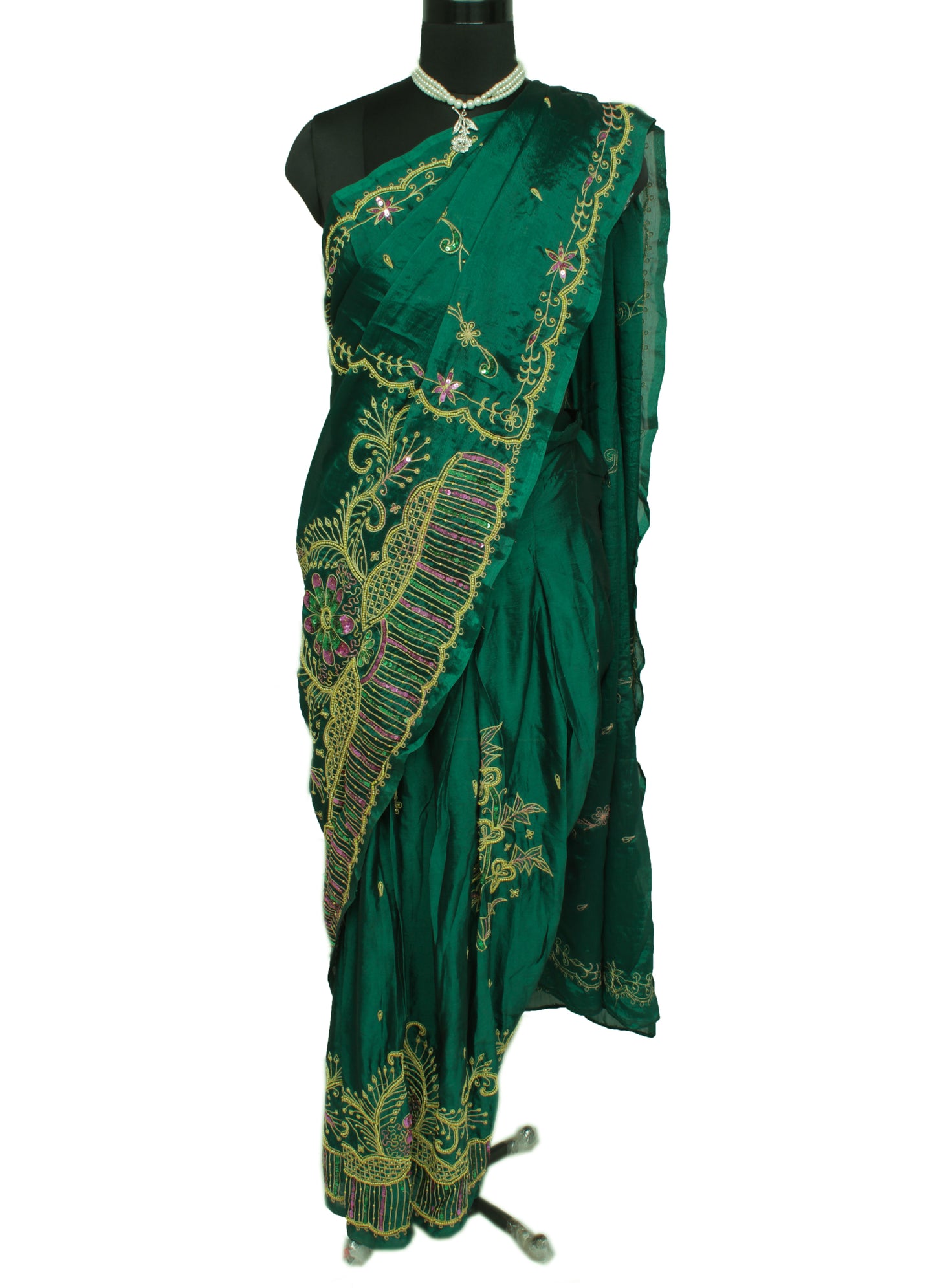 Sushila Vintage Teal Green Saree Blend Georgette Embroidered Floral Sari Fabric