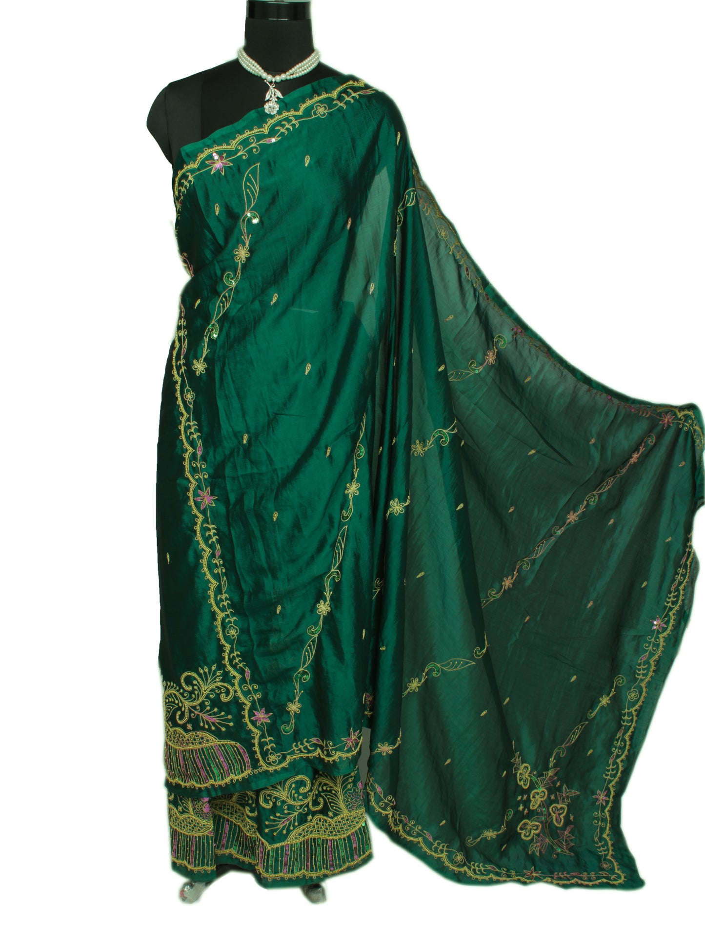 Sushila Vintage Teal Green Saree Blend Georgette Embroidered Floral Sari Fabric