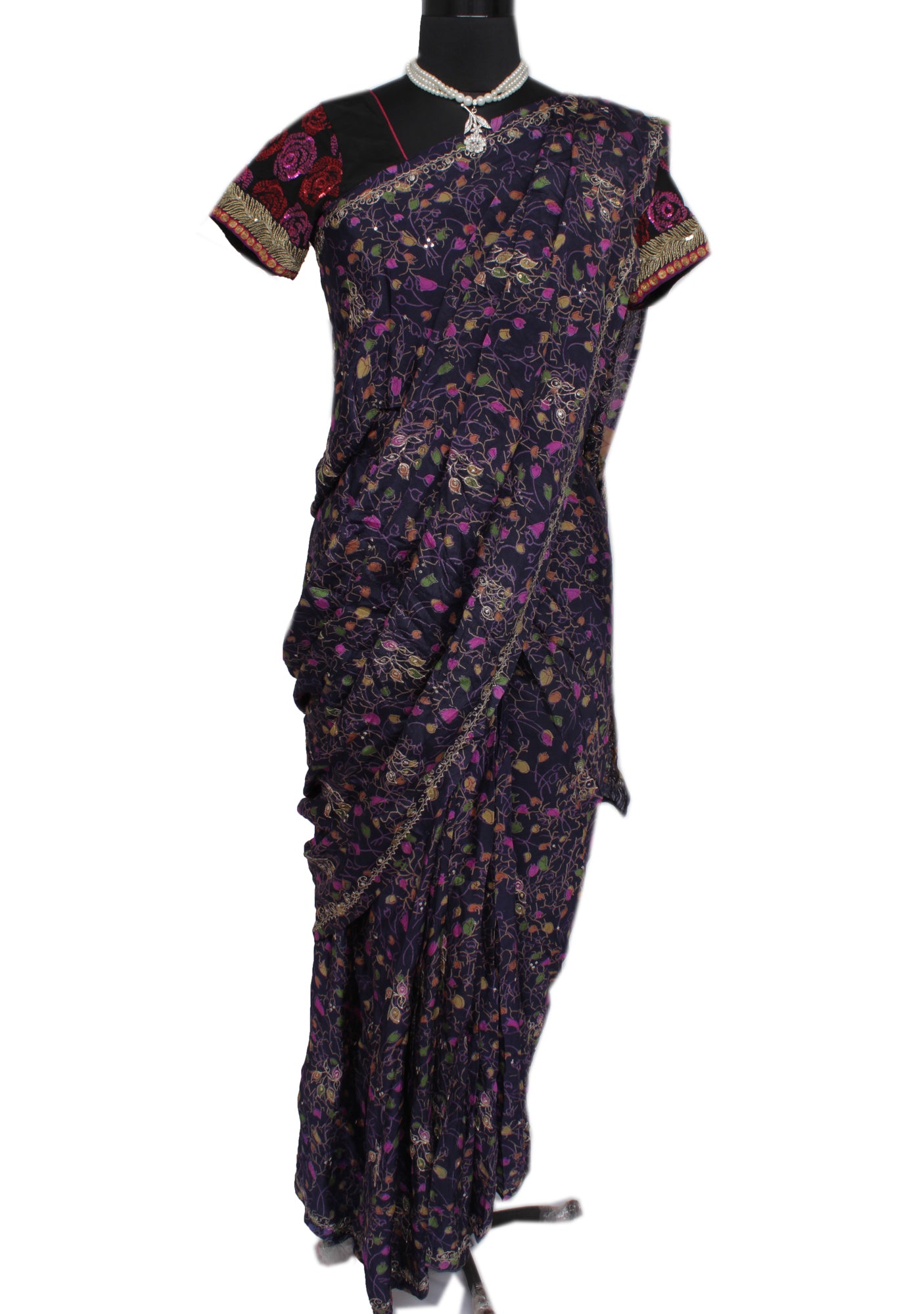 Sushila Vintage Purple Saree 100% Pure Georgette Silk Printed Floral Sari Fabric