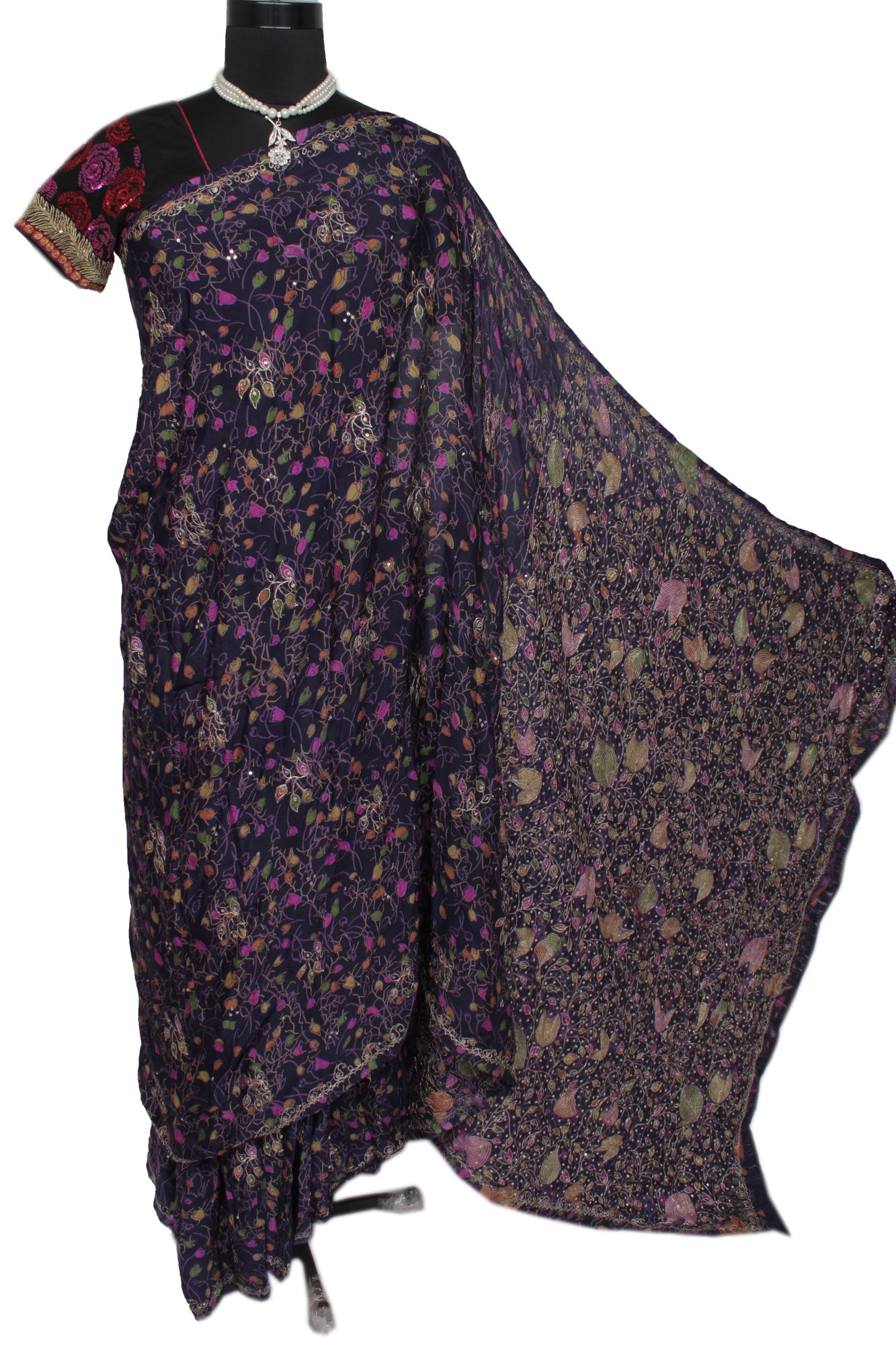 Sushila Vintage Purple Saree 100% Pure Georgette Silk Printed Floral Sari Fabric