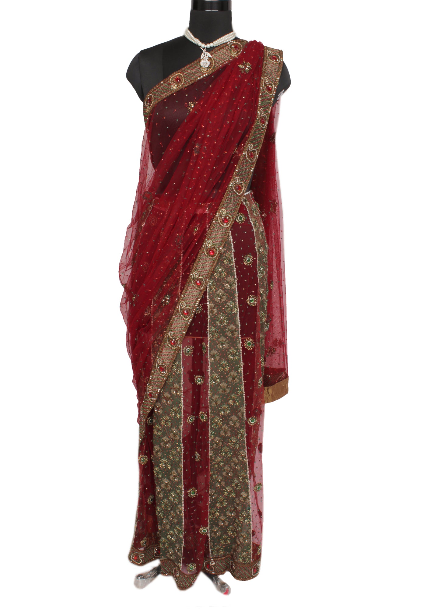 Sushila Vintage Maroon Saree Net Mesh Hand Beaded & Woven Floral Sari Fabric