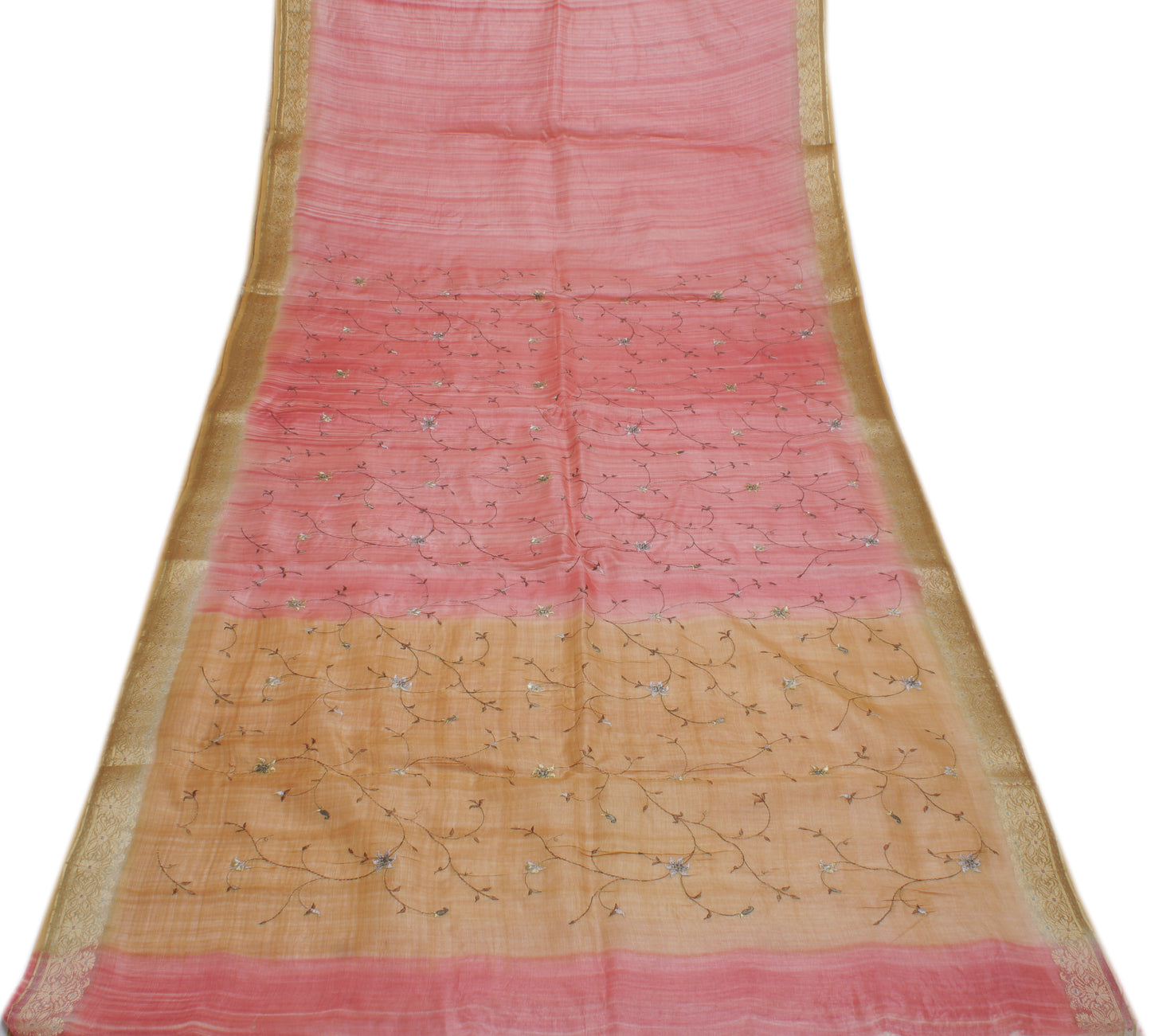 Sushila Vintage Peach Saree 100% Pure Silk Embroidered Floral Sari 5 Yard Fabric