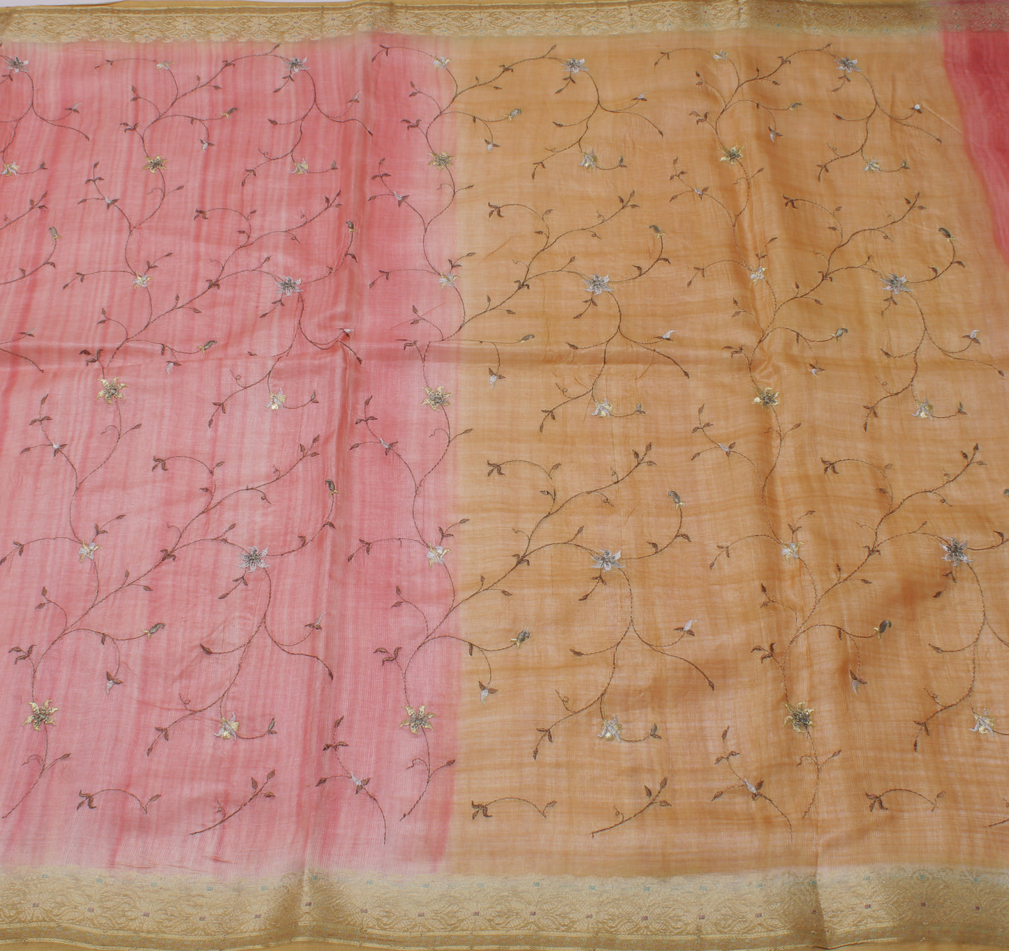 Sushila Vintage Peach Saree 100% Pure Silk Embroidered Floral Sari 5 Yard Fabric