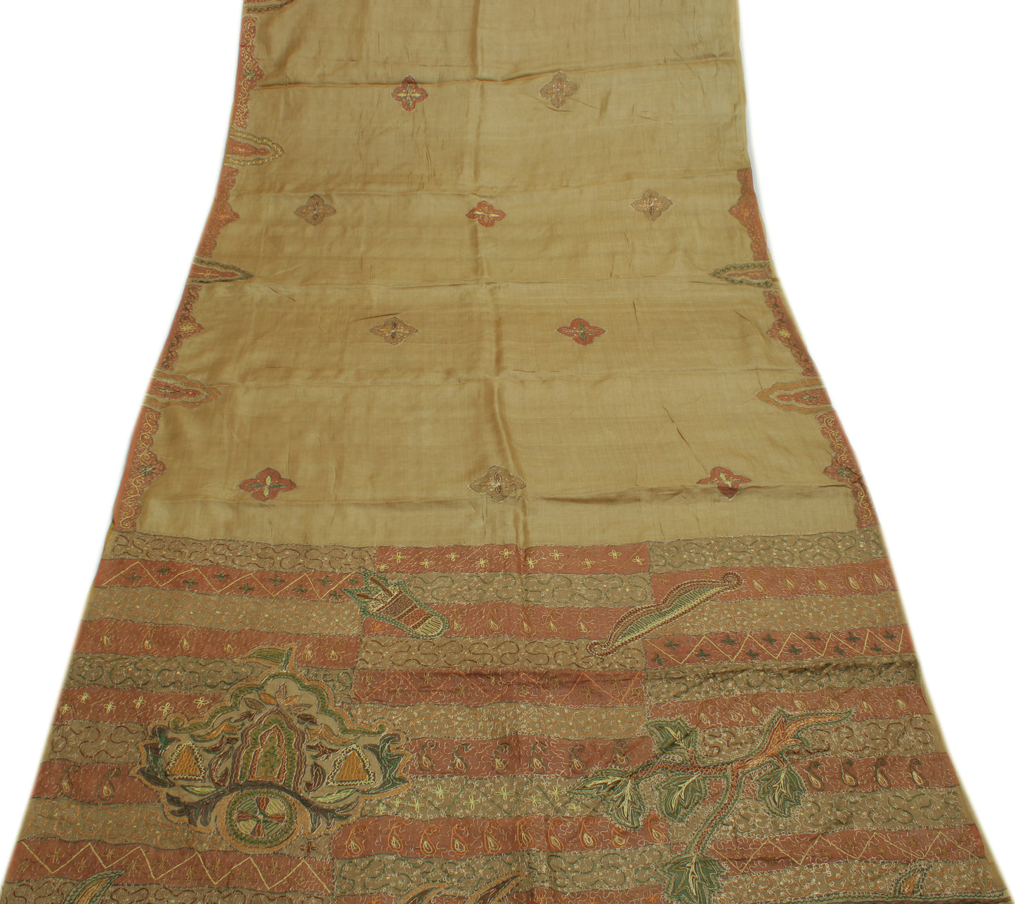 Sushila Vintage Brown Saree 100% Pure Silk Embroidered Floral Sari Craft Fabric