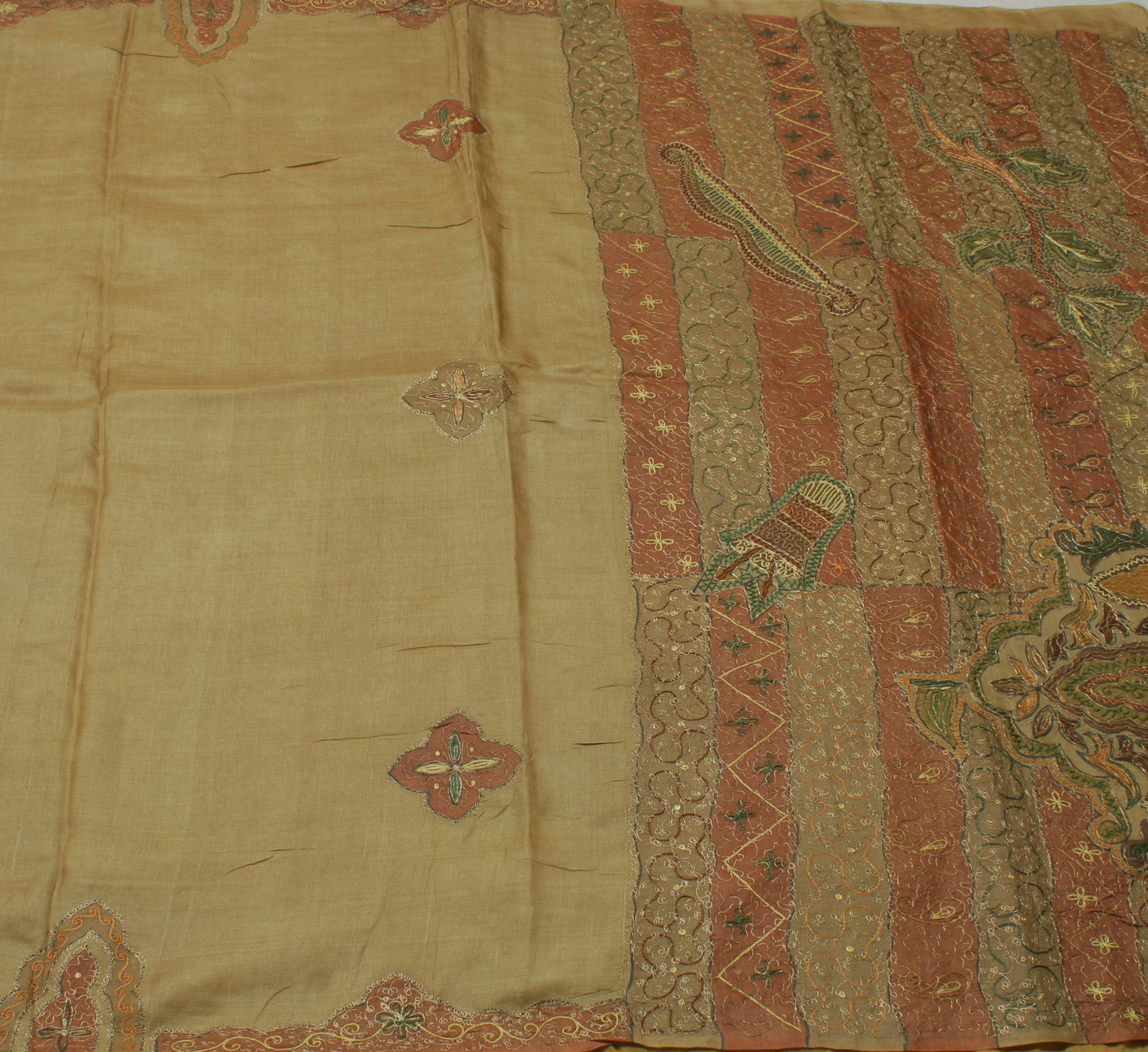 Sushila Vintage Brown Saree 100% Pure Silk Embroidered Floral Sari Craft Fabric