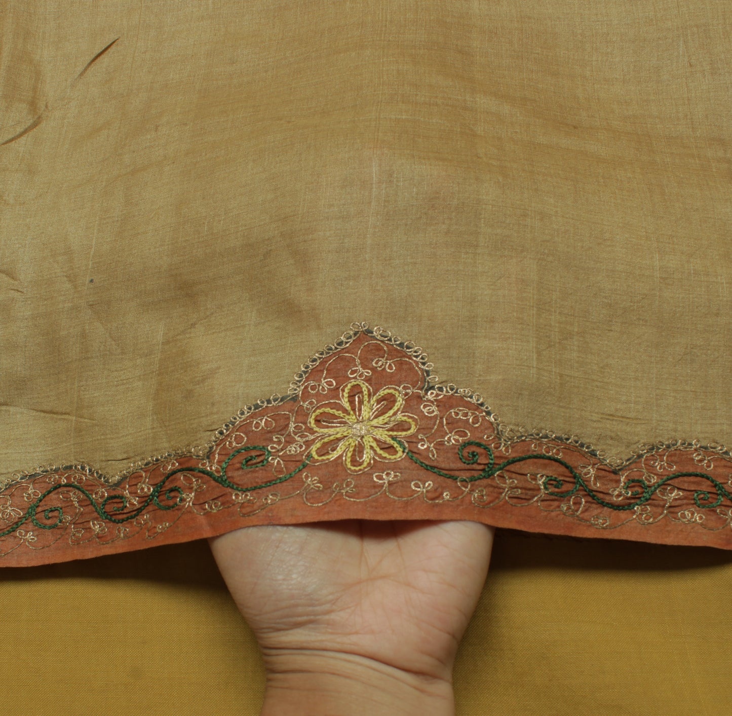 Sushila Vintage Brown Saree 100% Pure Silk Embroidered Floral Sari Craft Fabric