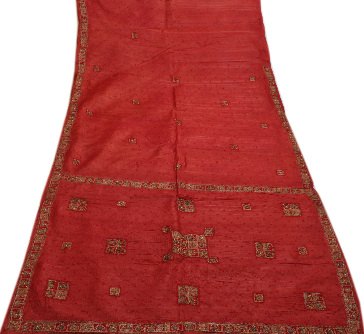 Sushila Vintage Red Saree 100% Pure Silk Embroidered Floral Sari Craft Fabric