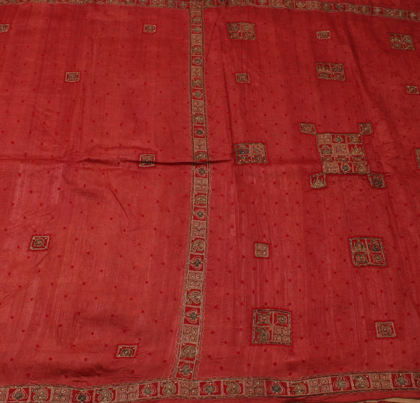 Sushila Vintage Red Saree 100% Pure Silk Embroidered Floral Sari Craft Fabric