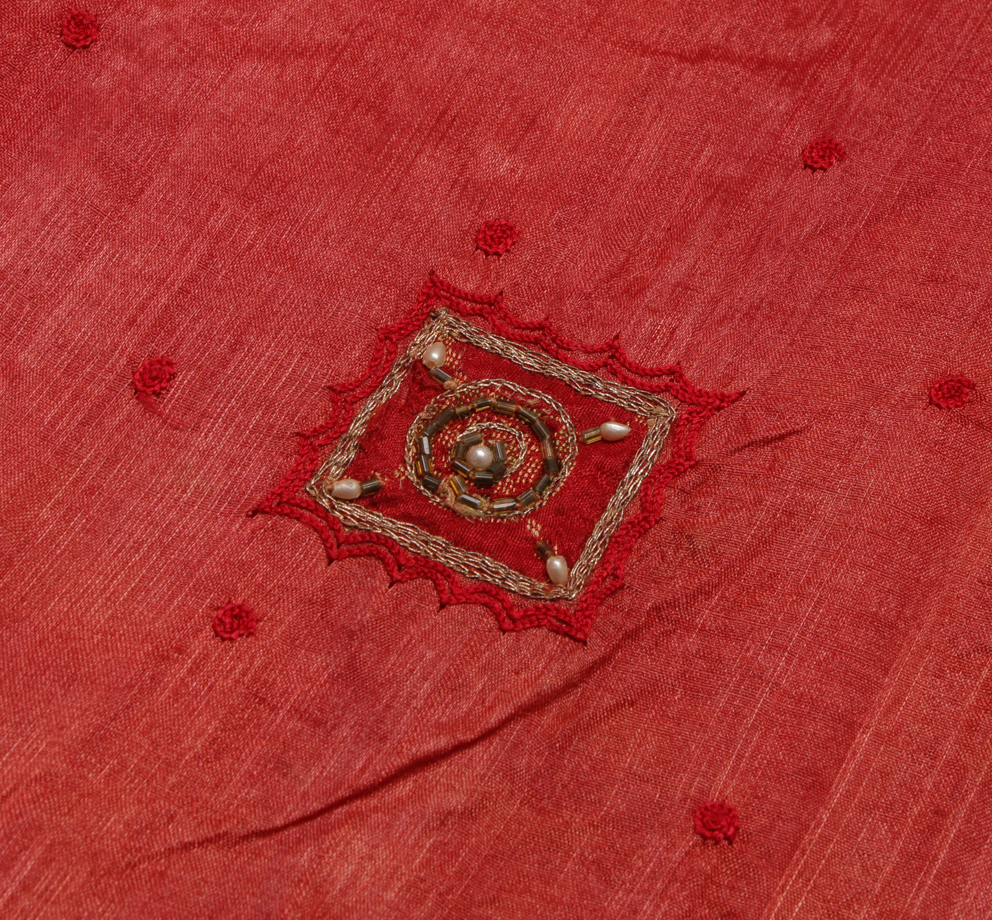 Sushila Vintage Red Saree 100% Pure Silk Embroidered Floral Sari Craft Fabric