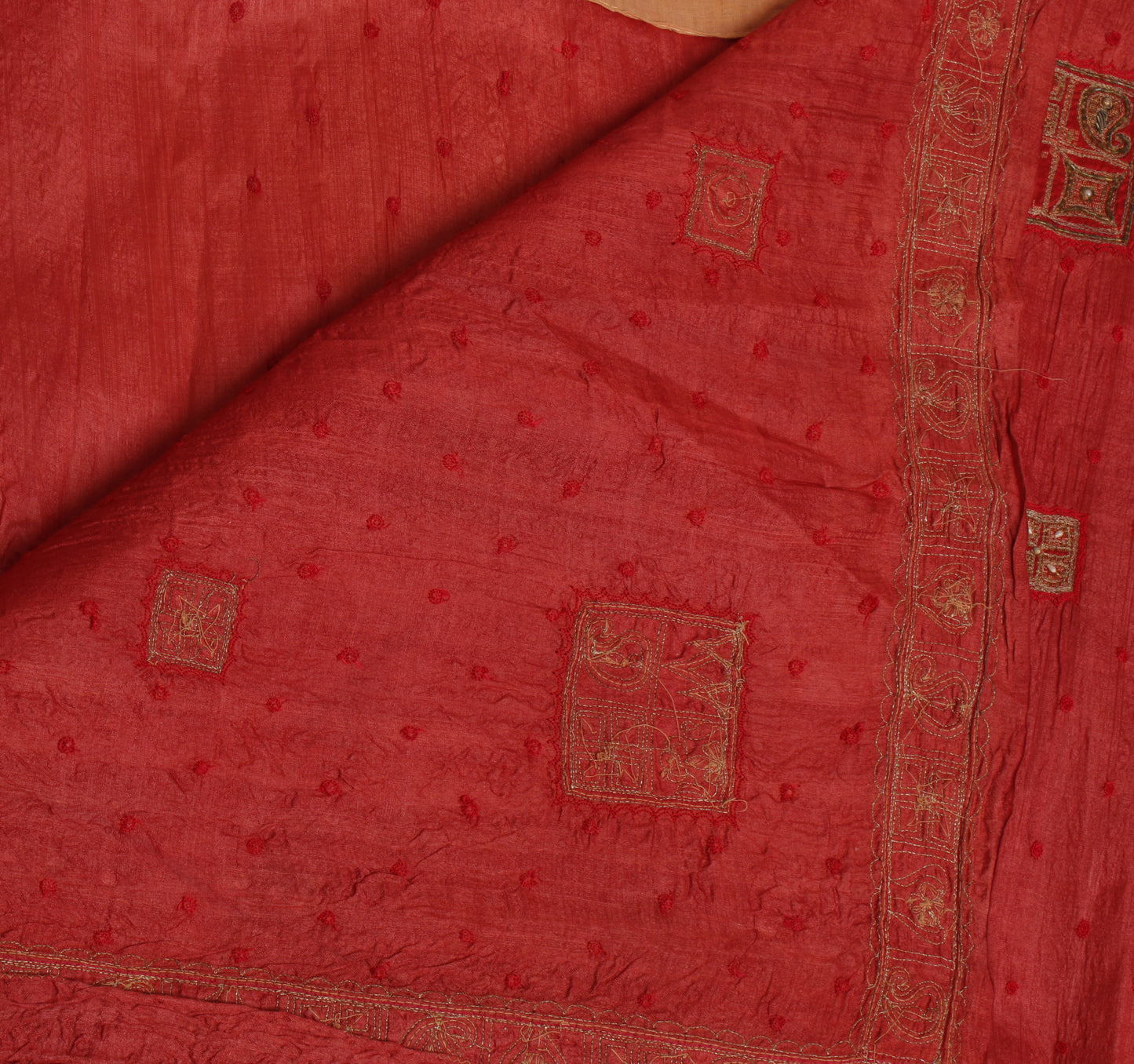 Sushila Vintage Red Saree 100% Pure Silk Embroidered Floral Sari Craft Fabric