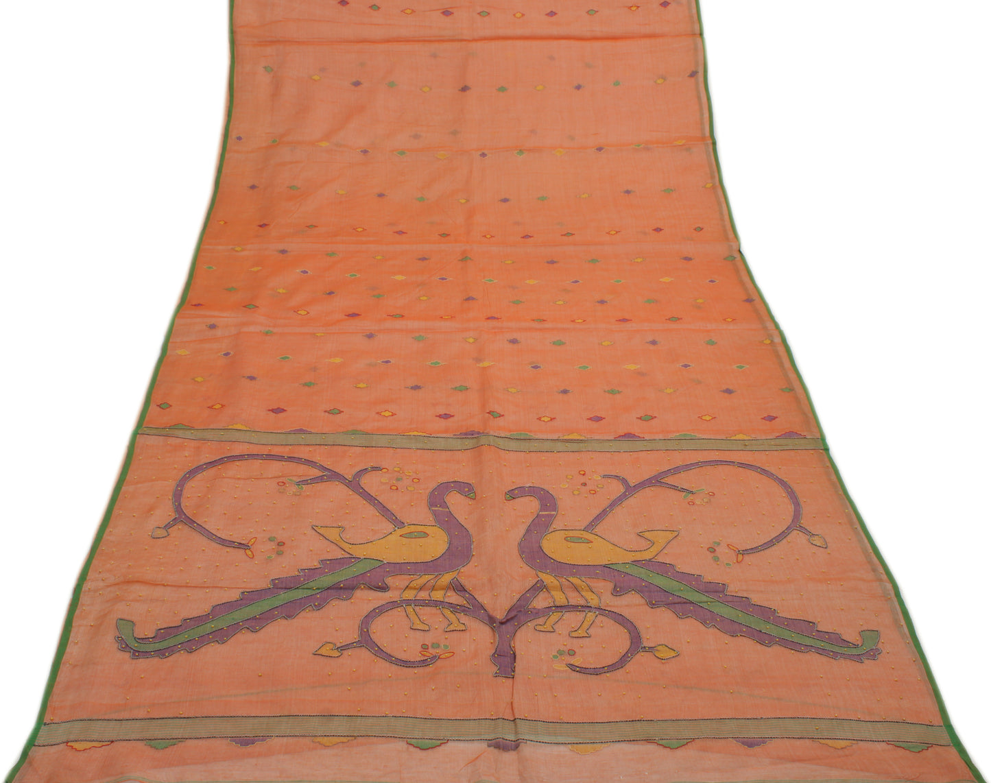 Sushila Vintage Peach Indian Saree Pure Cotton Embroidered Peacock Sari Fabric