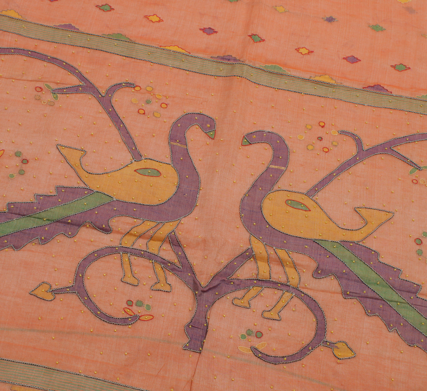 Sushila Vintage Peach Indian Saree Pure Cotton Embroidered Peacock Sari Fabric