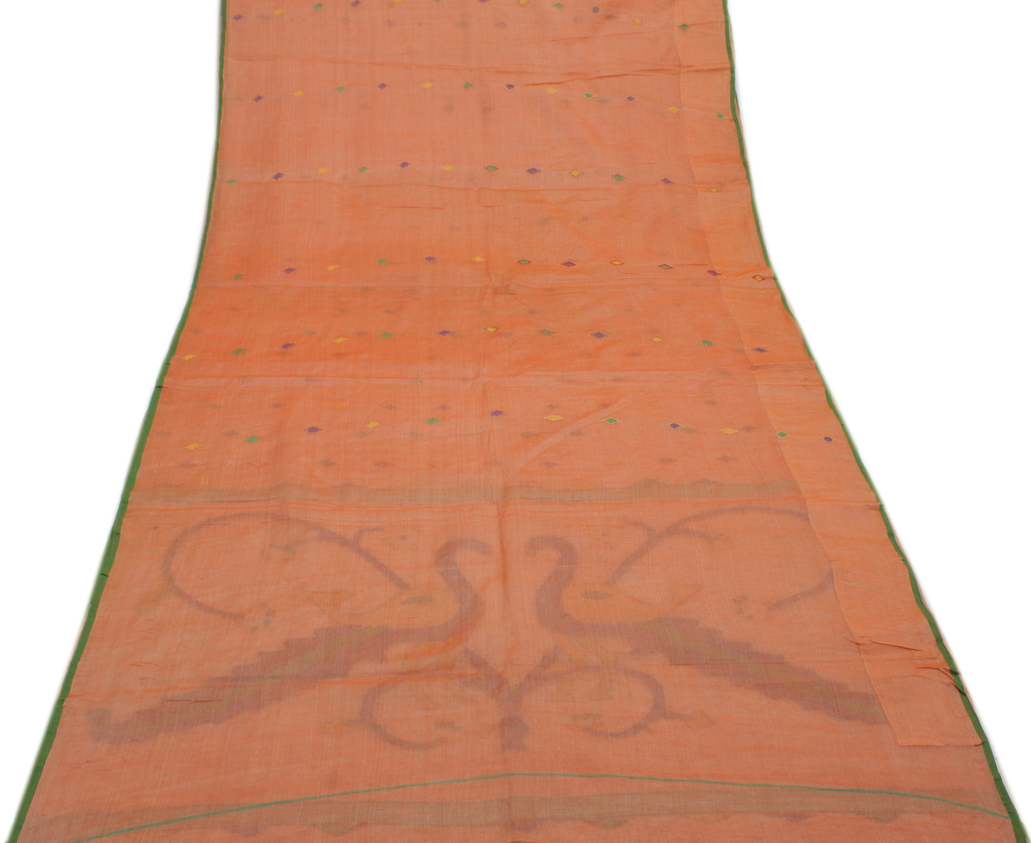 Sushila Vintage Peach Indian Saree Pure Cotton Embroidered Peacock Sari Fabric