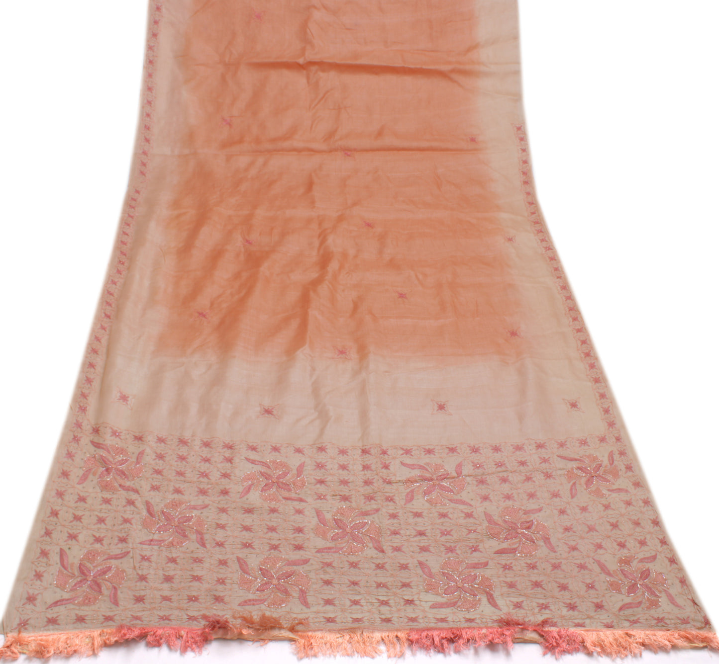 Sushila Vintage Peach Indian Saree 100% Pure Silk Embroidered Floral Sari Fabric