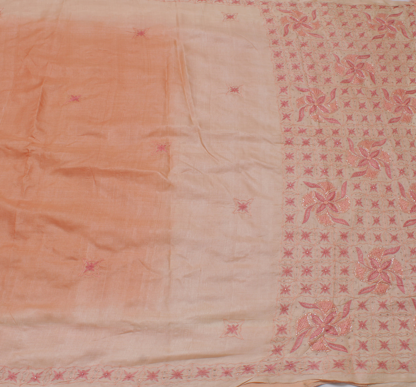 Sushila Vintage Peach Indian Saree 100% Pure Silk Embroidered Floral Sari Fabric