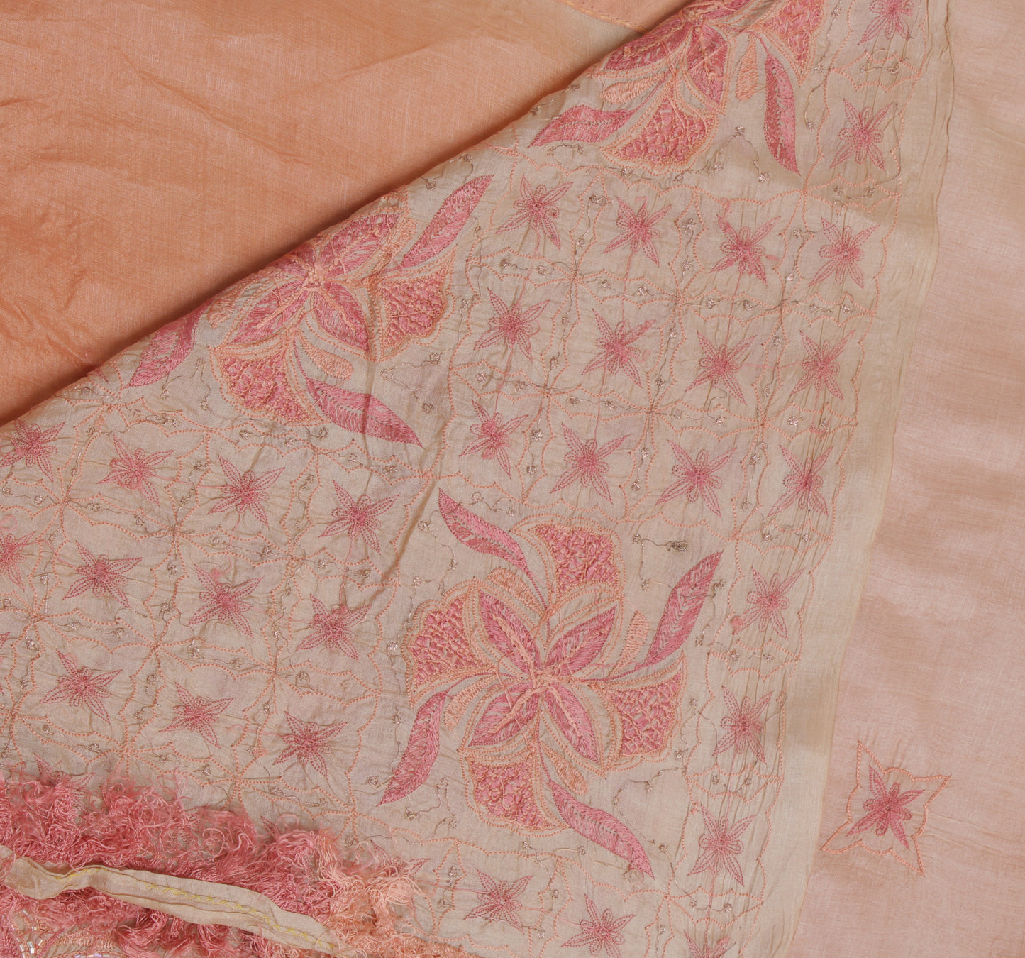 Sushila Vintage Peach Indian Saree 100% Pure Silk Embroidered Floral Sari Fabric