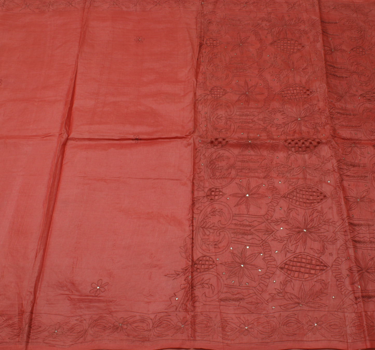 Sushila Vintage Dark Peach Saree 100% Pure Silk Embroidered Floral Sari Fabric