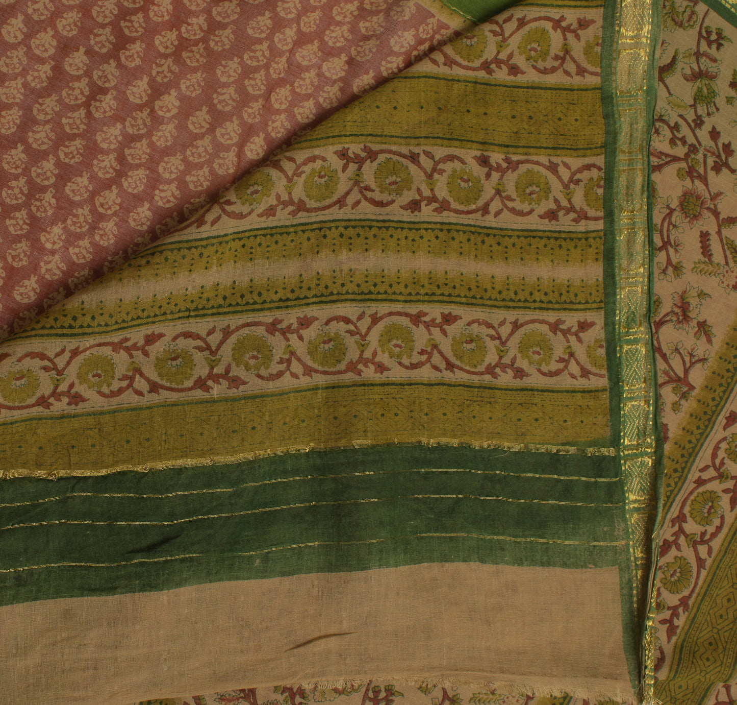 Sushila Vintage Brown Indian Saree Pure Cotton Printed Floral Sari Craft Fabric