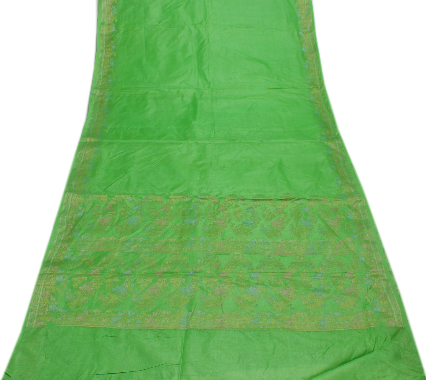 Sushila Vintage Green Saree 100% Pure Silk Woven Floral Sari Craft 5 Yard Fabric