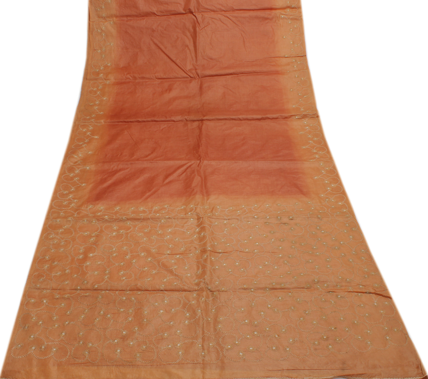 Sushila Vintage Peach Saree 100% Pure Silk Embroidered Floral Sari Craft Fabric