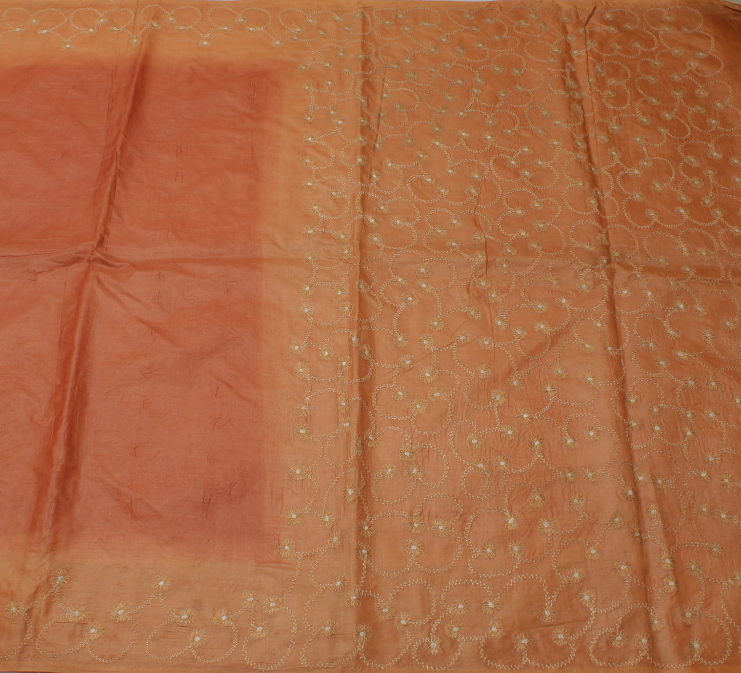 Sushila Vintage Peach Saree 100% Pure Silk Embroidered Floral Sari Craft Fabric