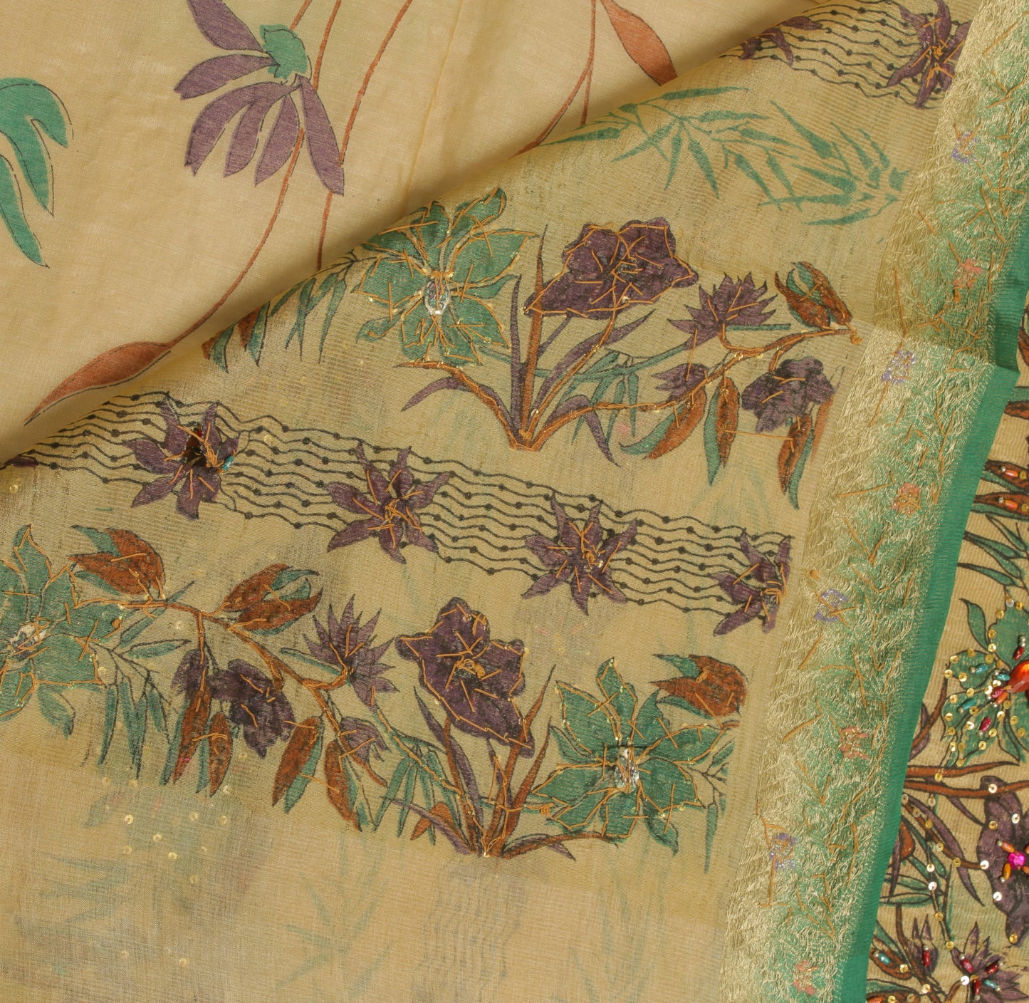 Sushila Vintage Cream Saree Pure Silk Woven & Woven Floral Sari Craft Fabric