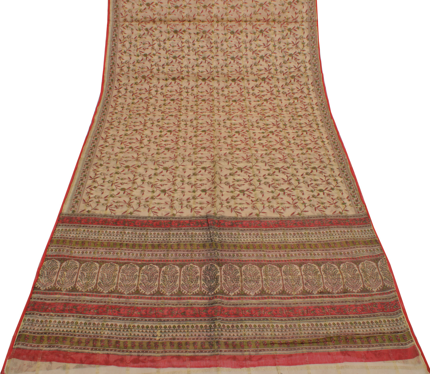 Sushila Vintage Cream Saree Pure Cotton Printed & Woven Floral Sari Craft Fabric