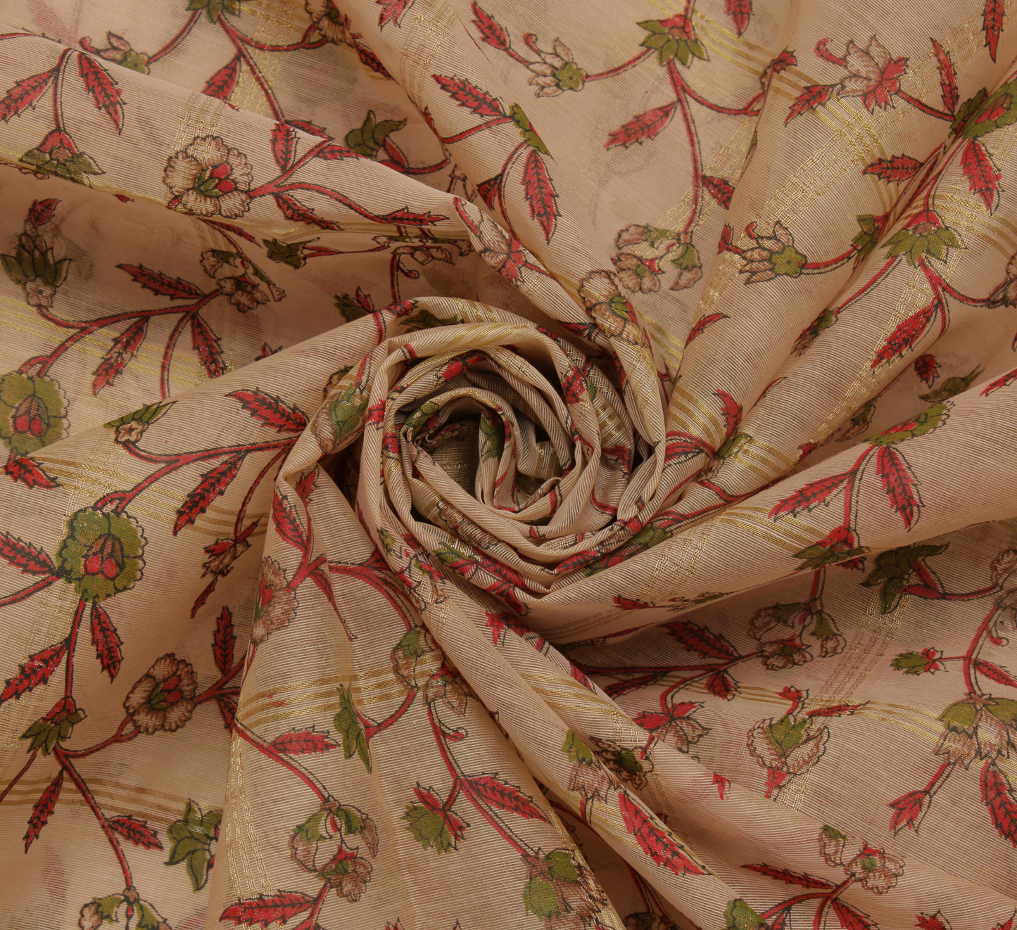 Sushila Vintage Cream Saree Pure Cotton Printed & Woven Floral Sari Craft Fabric