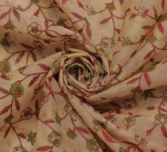 Sushila Vintage Cream Saree Pure Cotton Printed & Woven Floral Sari Craft Fabric