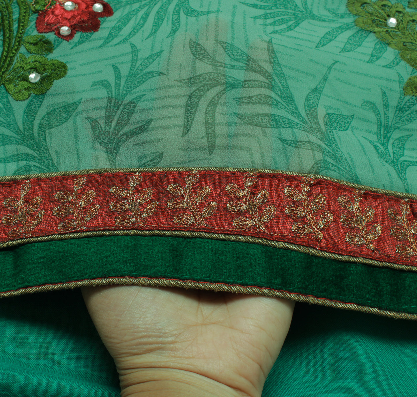 Sushila Vintage Green Saree Blend Georgette Silk Printed & Embroidered Fabric