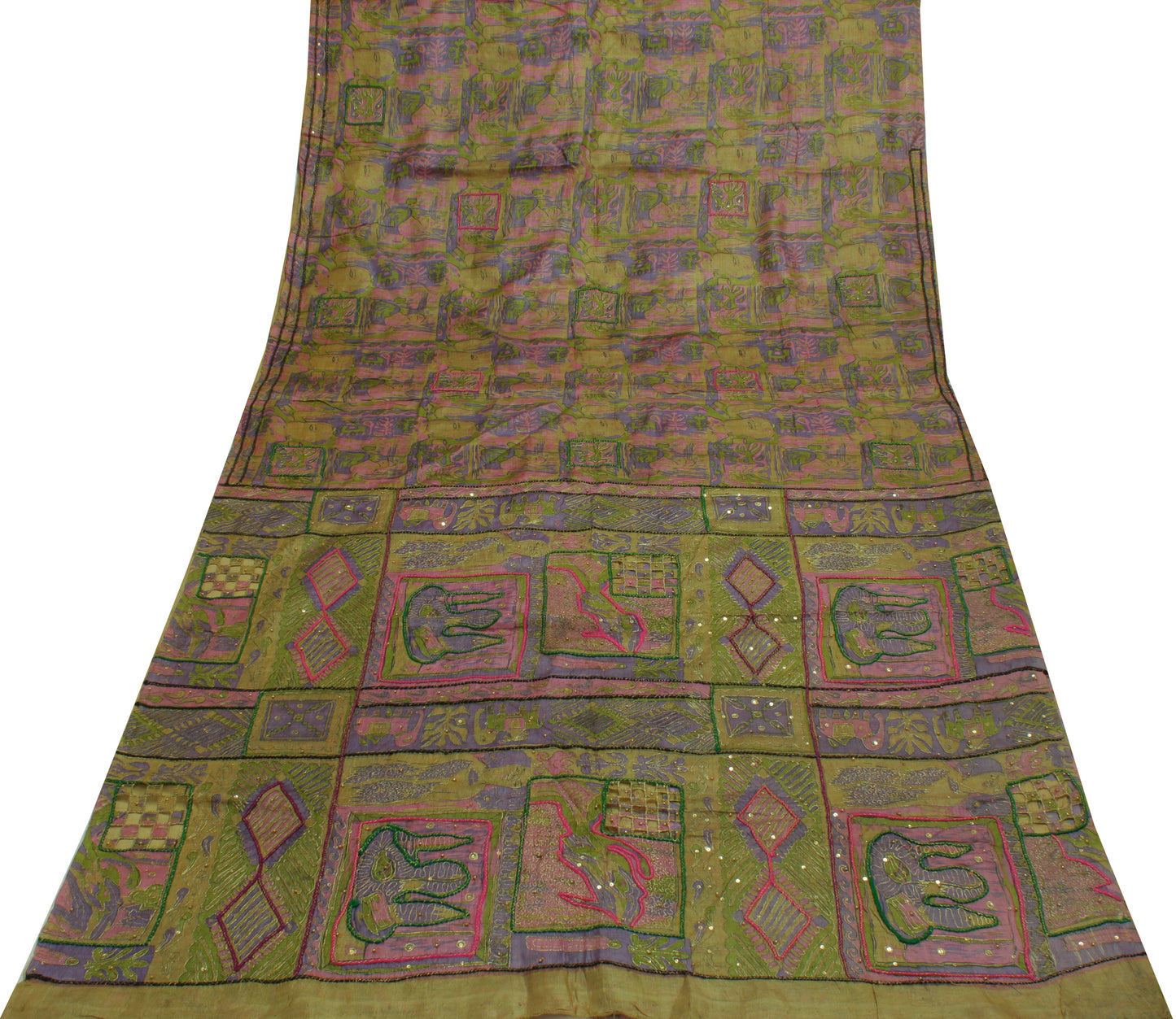 Sushila Vintage Green Saree 100% Pure Silk Printed Embroidered Sari Craft Fabric