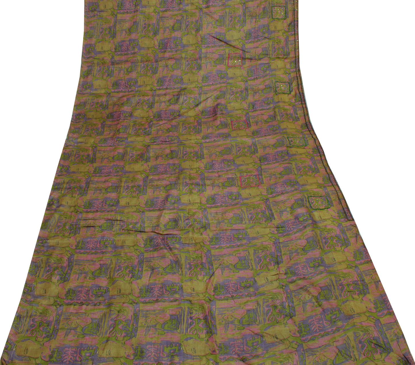 Sushila Vintage Green Saree 100% Pure Silk Printed Embroidered Sari Craft Fabric