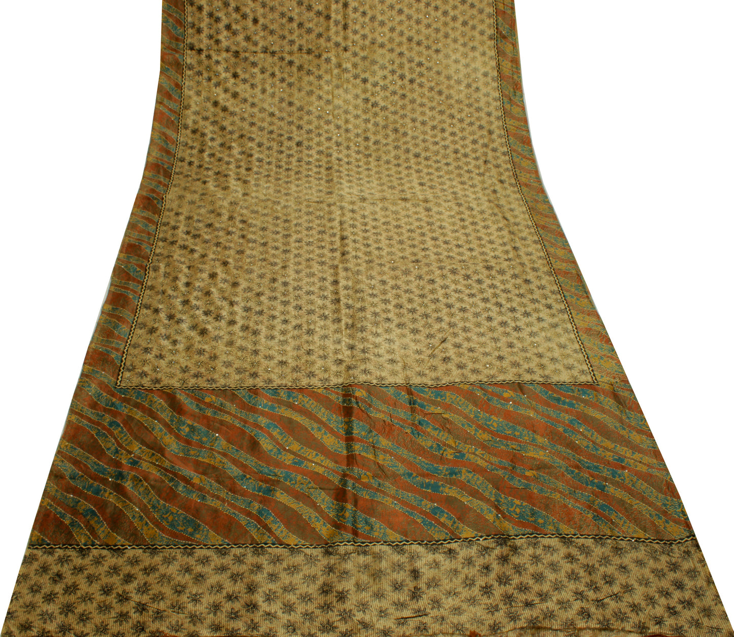 Sushila Vintage Light Brown Saree Pure Silk Hand Embroidered Kantha Sari Fabric