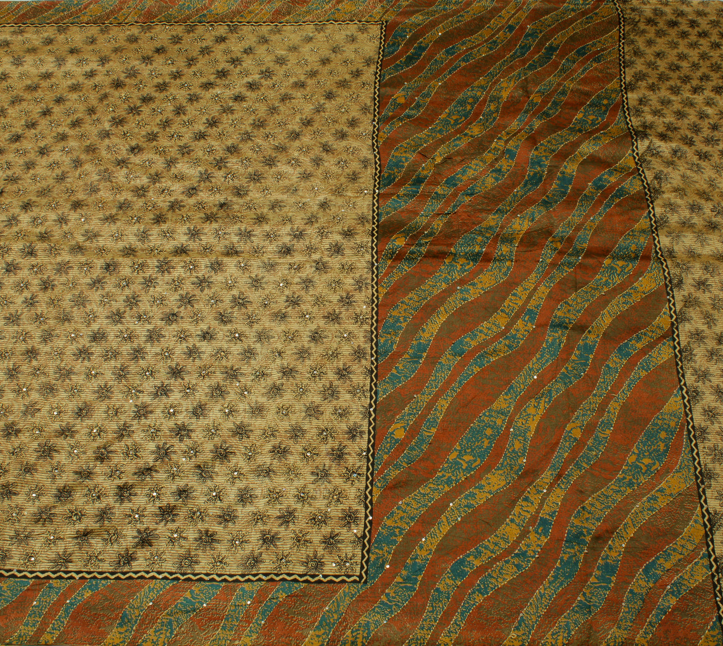 Sushila Vintage Light Brown Saree Pure Silk Hand Embroidered Kantha Sari Fabric