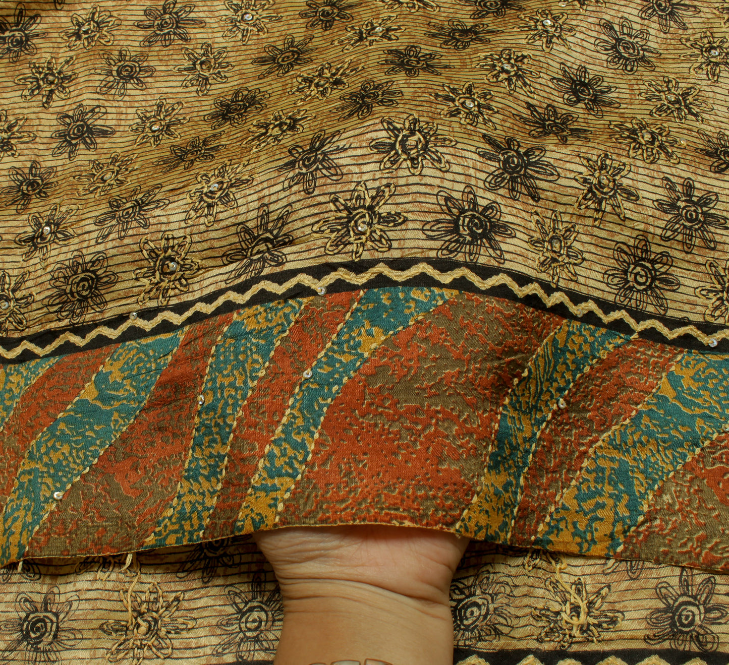 Sushila Vintage Light Brown Saree Pure Silk Hand Embroidered Kantha Sari Fabric