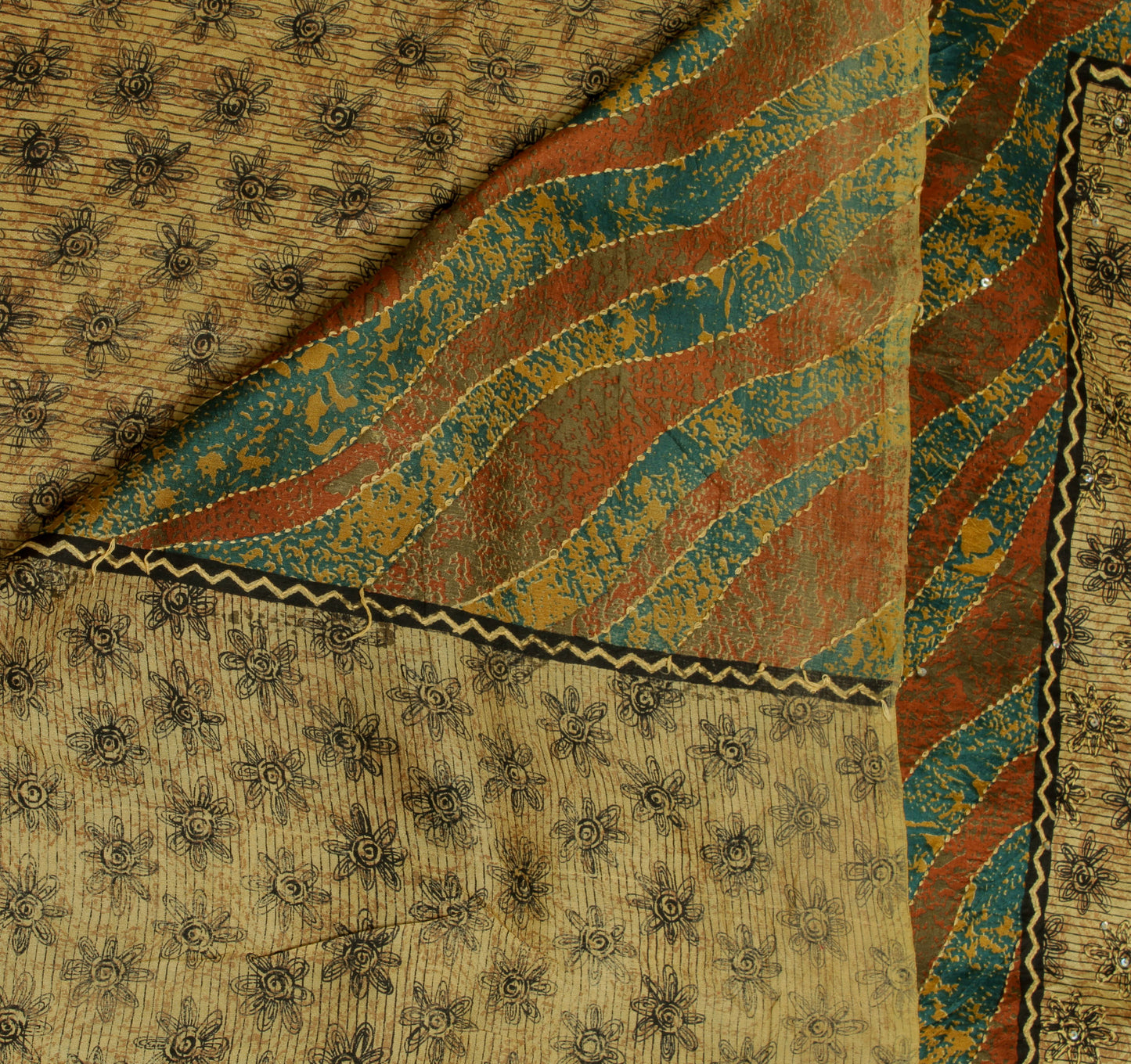 Sushila Vintage Light Brown Saree Pure Silk Hand Embroidered Kantha Sari Fabric