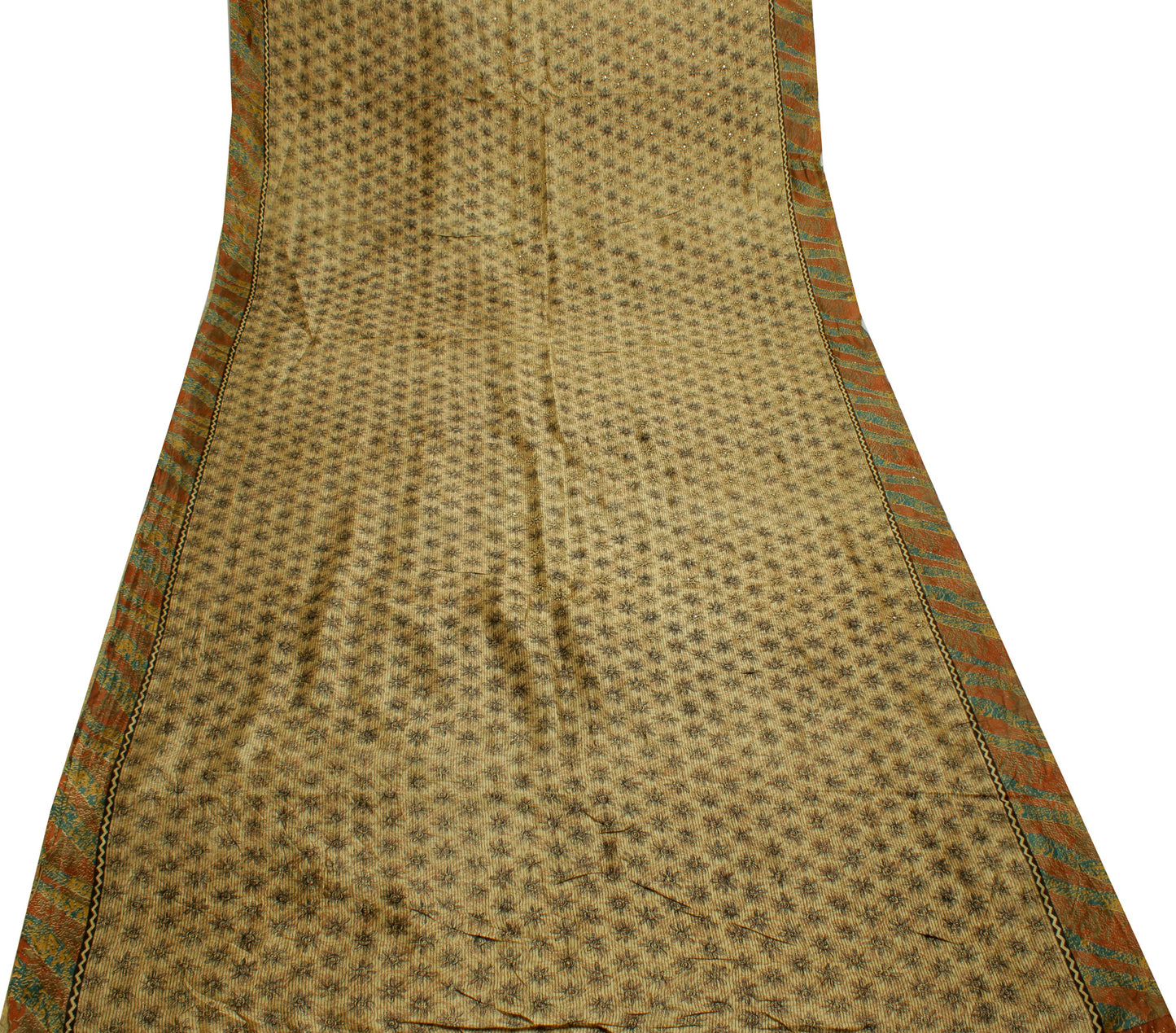 Sushila Vintage Light Brown Saree Pure Silk Hand Embroidered Kantha Sari Fabric