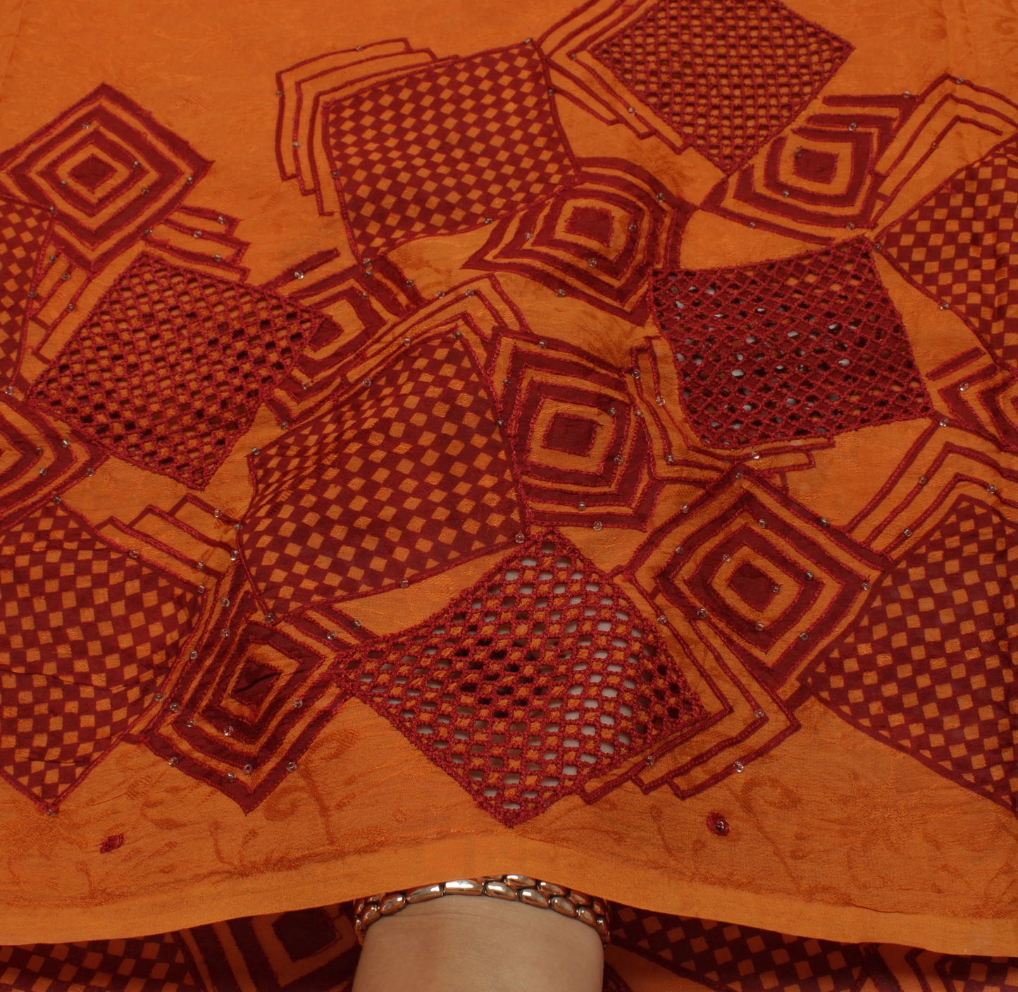 Sushila Vintage Orange Saree Pure Georgette Silk Self Woven Abstract Sari Fabric