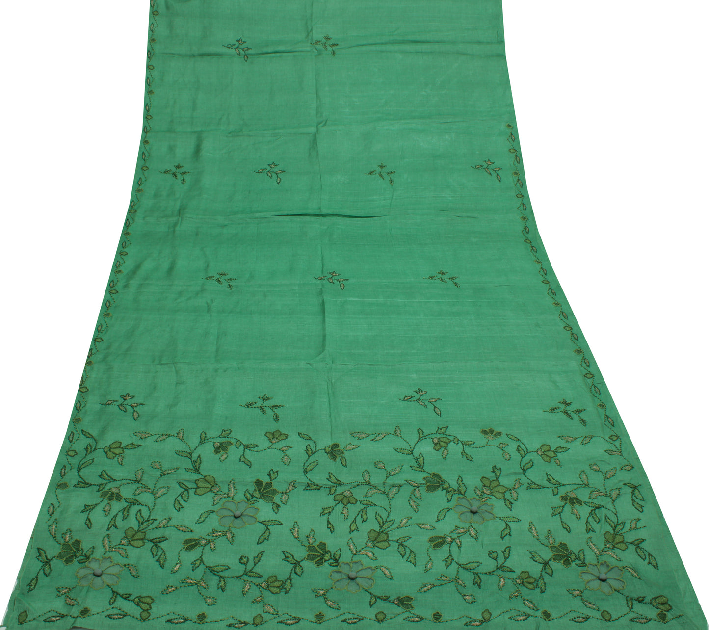 Sushila Vintage Aqua Green Saree Pure Silk Hand Embroidered Floral Sari Fabric