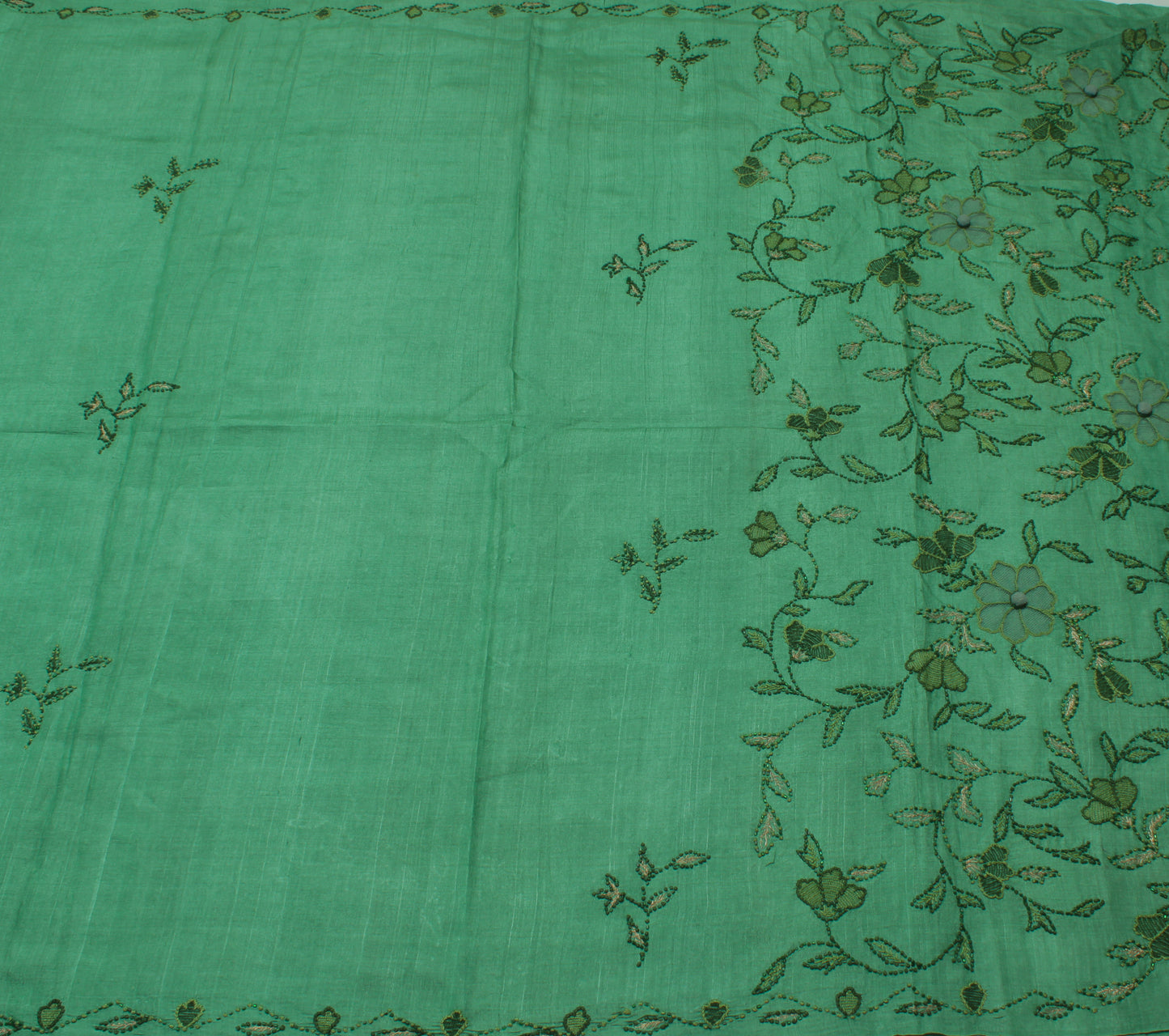 Sushila Vintage Aqua Green Saree Pure Silk Hand Embroidered Floral Sari Fabric