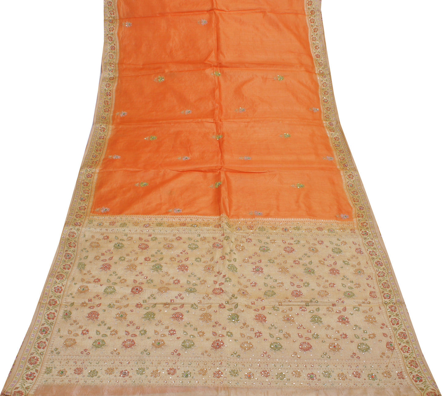 Sushila Vintage Orange Saree Pure Silk Woven & Embroidered Floral Sari Fabric