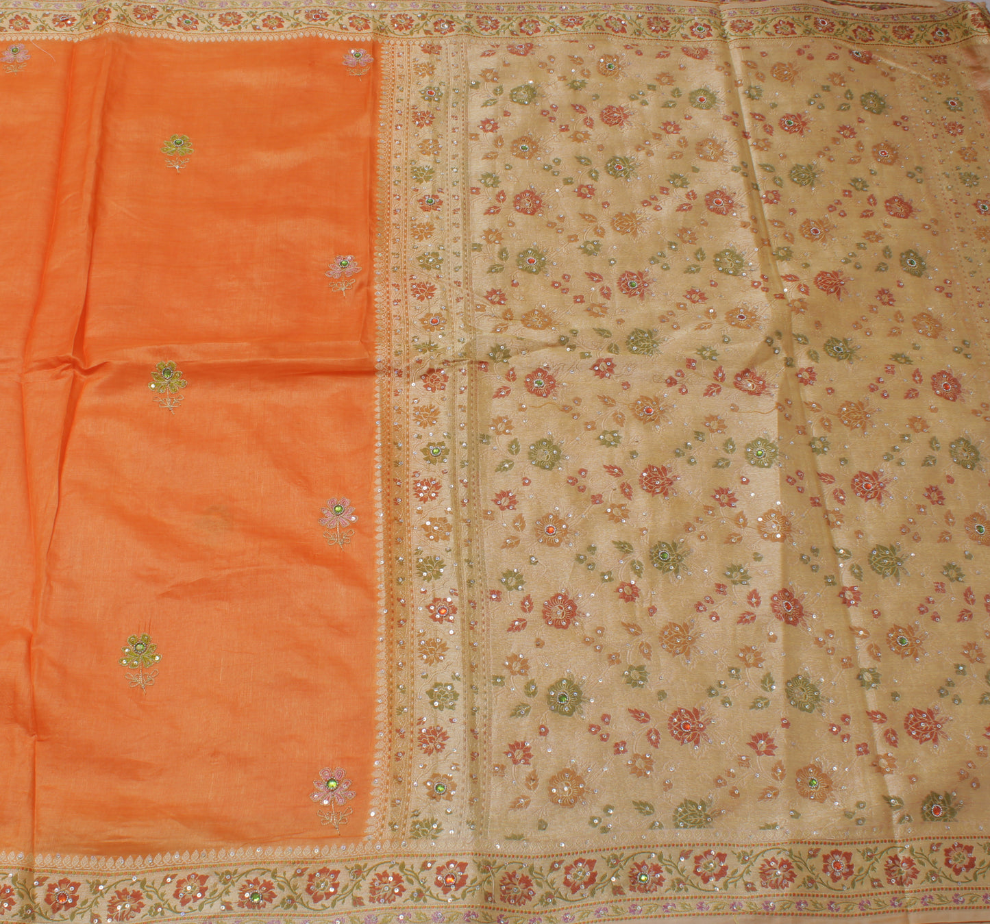 Sushila Vintage Orange Saree Pure Silk Woven & Embroidered Floral Sari Fabric