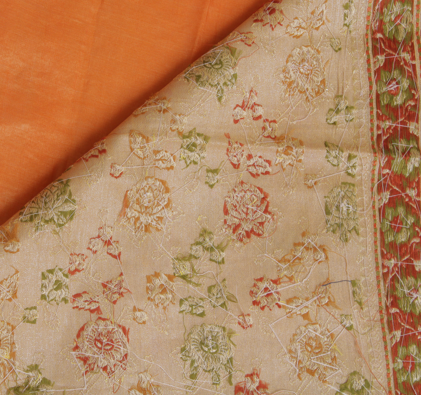 Sushila Vintage Orange Saree Pure Silk Woven & Embroidered Floral Sari Fabric