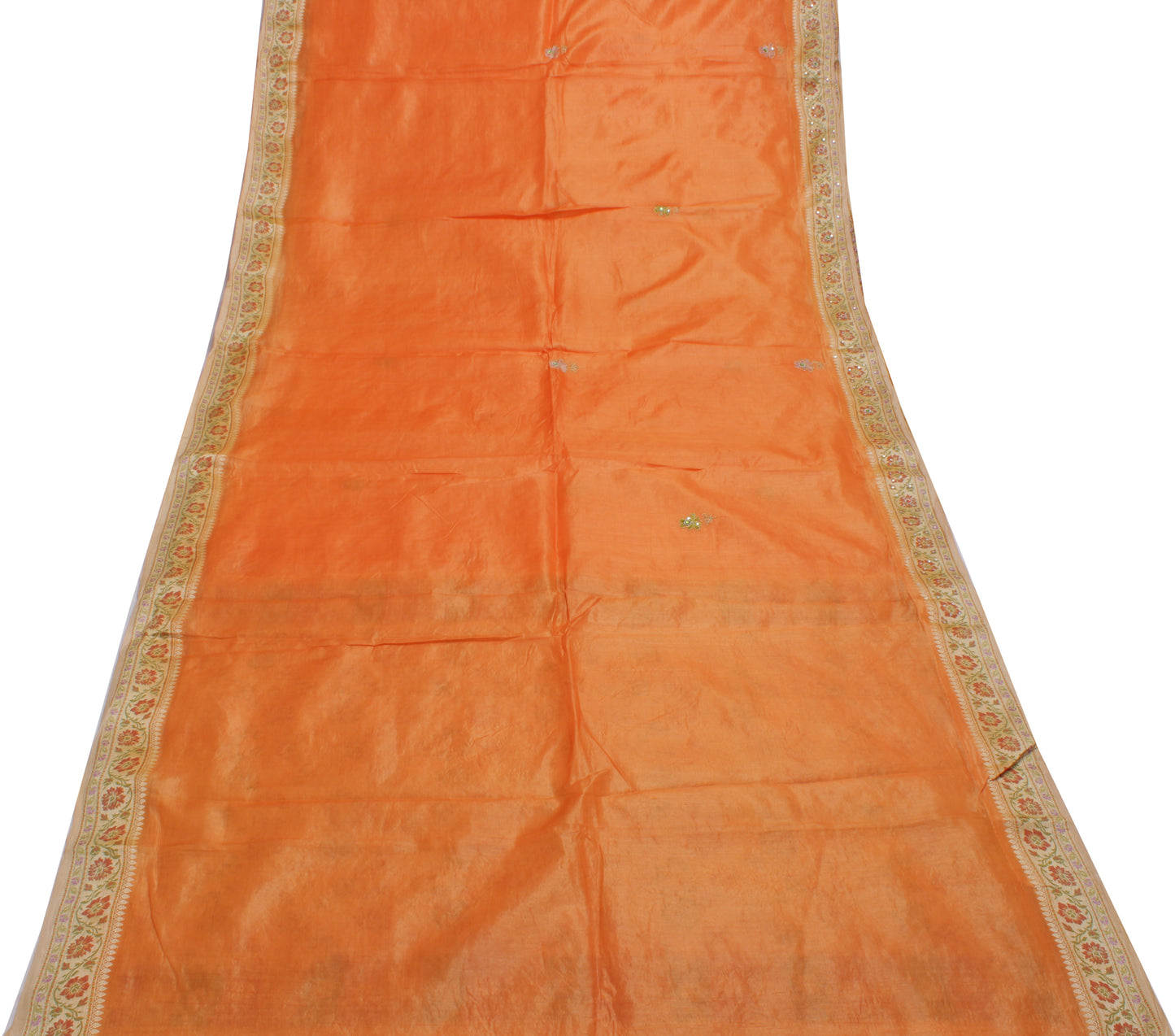 Sushila Vintage Orange Saree Pure Silk Woven & Embroidered Floral Sari Fabric