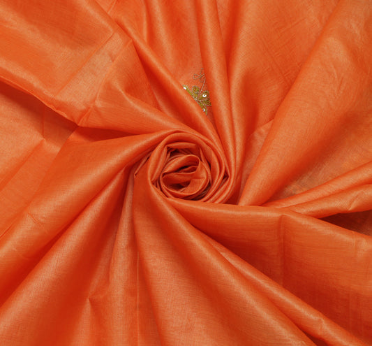 Sushila Vintage Orange Saree Pure Silk Woven & Embroidered Floral Sari Fabric